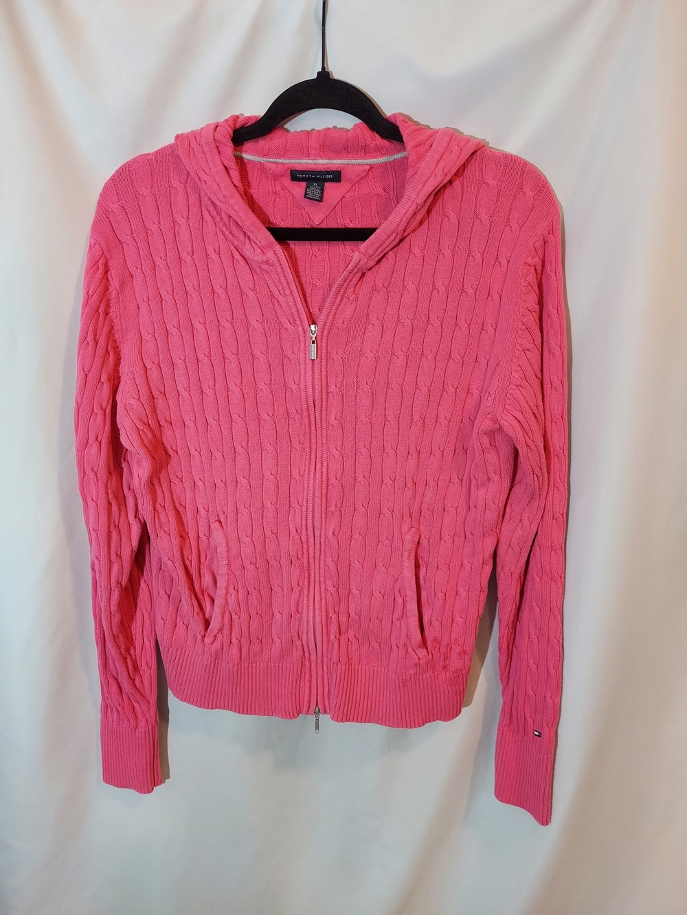 Tommy Hilfiger Pink Cable Knit Full Zip Hoodie Sweater XL